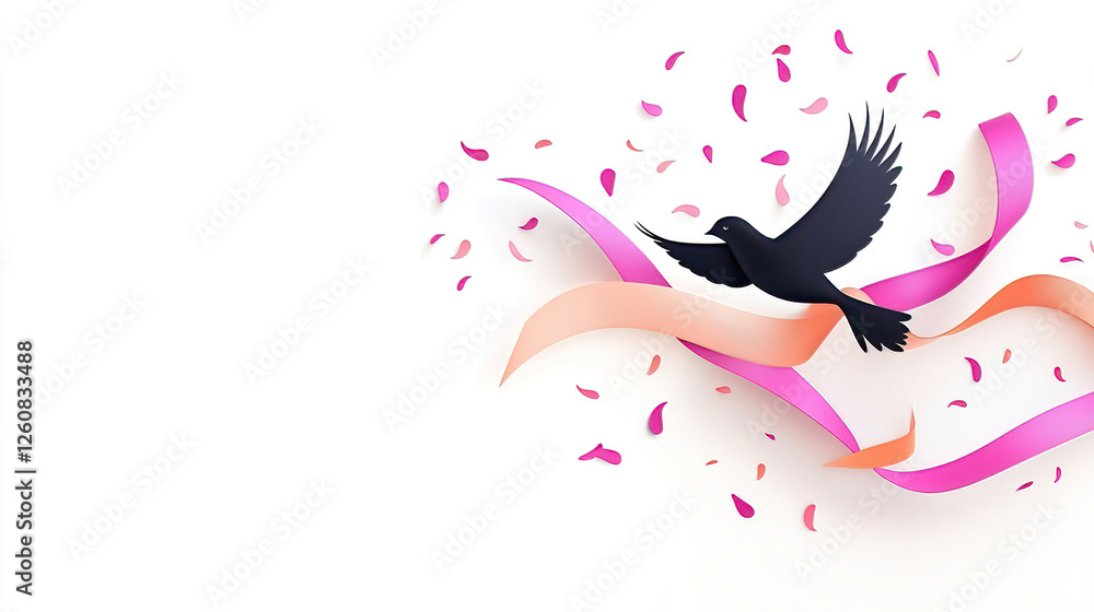 Fototapeta premium Black Bird with Ribbons and Flower Petals on White Background