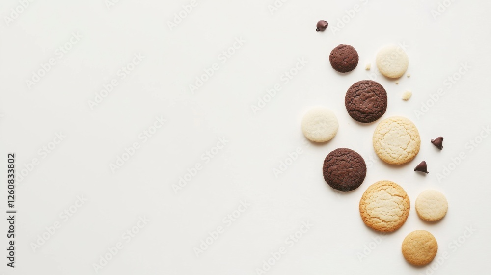 A minimalist scene of various cookies including sugar cookies, chocolate chip, and shortbread, arranged on a clean white background with simple, elegant styling. A minimalist scene of various cookies including sugar cookies, chocolate chip, and shortbread, arranged on a clean white background with simple, elegant styling.