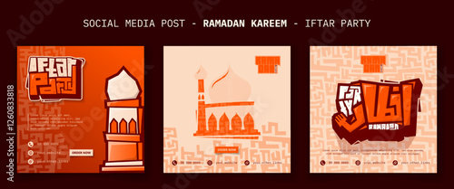 Set of social media post template for ramadan iftar party with mosque design