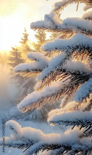 Frozen sunlight through snow laden fir needles offers winter scenic tranquility photo