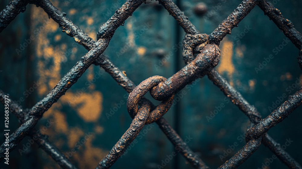 Rusty chain link on an old metal gate showcasing decay and texture in urban setting