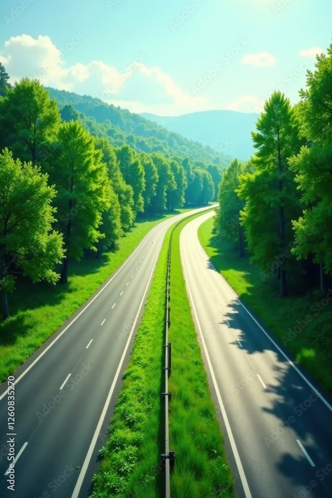 Serene Highway Winding Through Lush Green Foliage Under a Bright Sunny Sky Serene Highway Winding Through Lush Green Foliage Under a Bright Sunny Sky