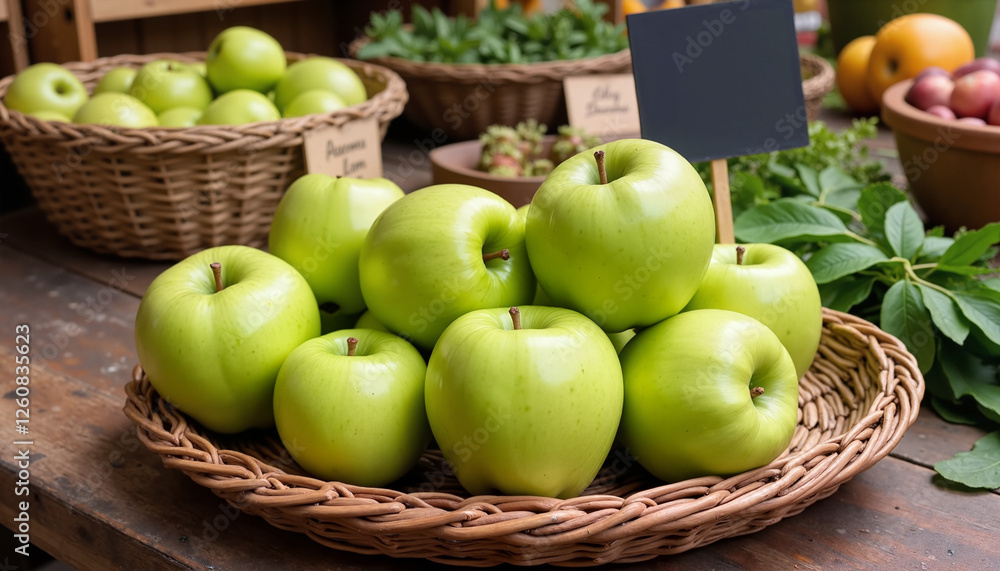 Fresh green apples arranged in a basket for cooking blogs, websites, grocery themes, healthy eating promotions, food illustrations, and nutritional awareness materials Fresh green apples arranged in a basket for cooking blogs, websites, grocery themes, healthy eating promotions, food illustrations, and nutritional awareness materials