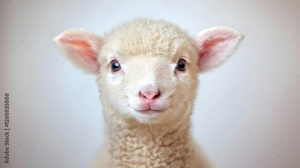 Fototapeta premium Cute lamb portrait, farm background, springtime, animal photography, website