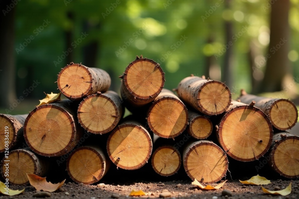 A stack of neatly arranged timber logs rests on the forest floor, bathed in the warm sunlight filtering through the trees.