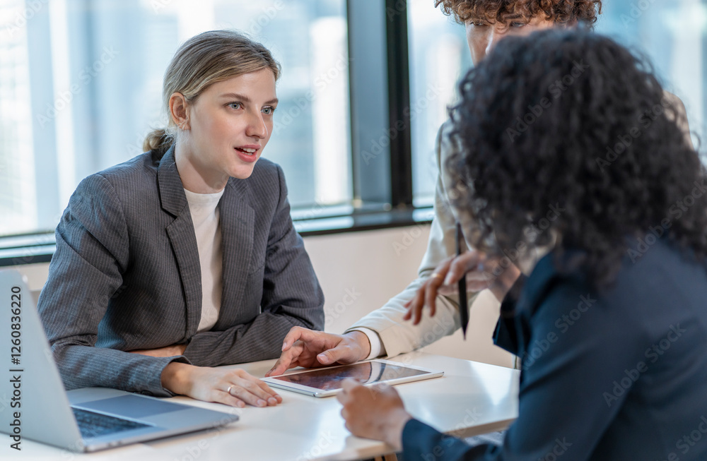 portrait attractive business woman discussing with colleagues in conference room,collaborating happy business people portrait attractive business woman discussing with colleagues in conference room,collaborating happy business people