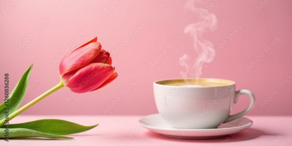 A single red tulip rests beside a steaming cup of coffee on a pale pink surface, a gentle morning scene A single red tulip rests beside a steaming cup of coffee on a pale pink surface, a gentle morning scene