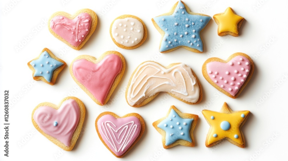 A set of heart-shaped, star-shaped, and circle-shaped cookies, decorated with colorful icing, arranged artistically on a white background. A set of heart-shaped, star-shaped, and circle-shaped cookies, decorated with colorful icing, arranged artistically on a white background.