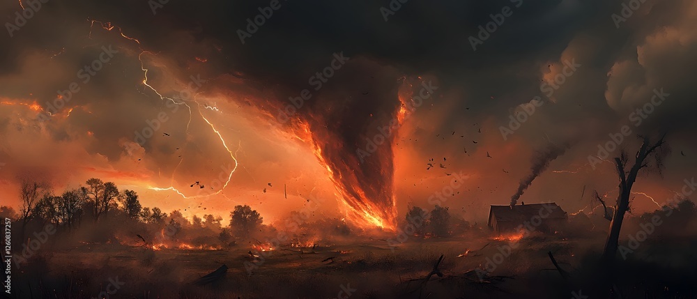 Fototapeta premium Colossal Tornado Tears Through Remote Prairie Destruction and Debris Scatter