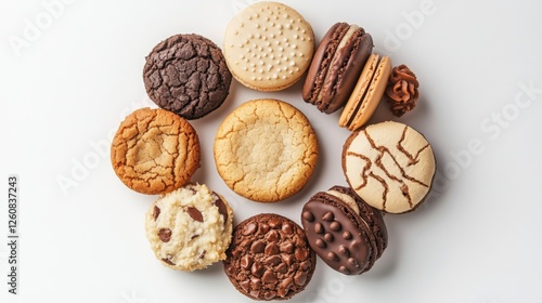 A variety of cookies like macaroons, chocolate chip, and gingerbread, arranged in a circle on a smooth white background, creating a symmetrical pattern.