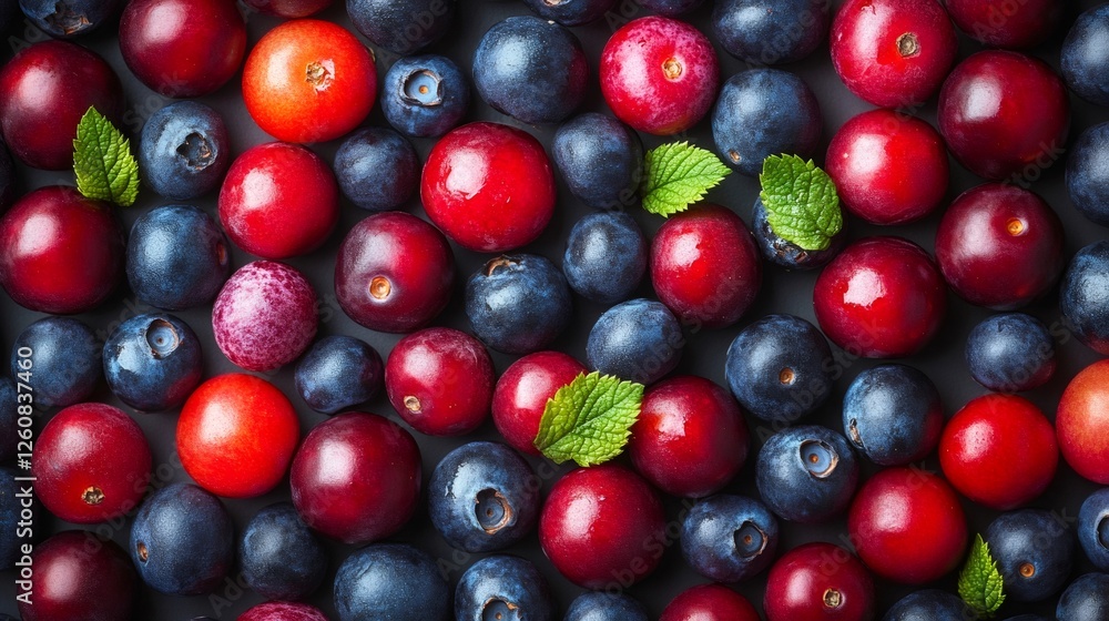 Fresh cranberries and blueberries with mint leaves creating vibrant background Fresh cranberries and blueberries with mint leaves creating vibrant background