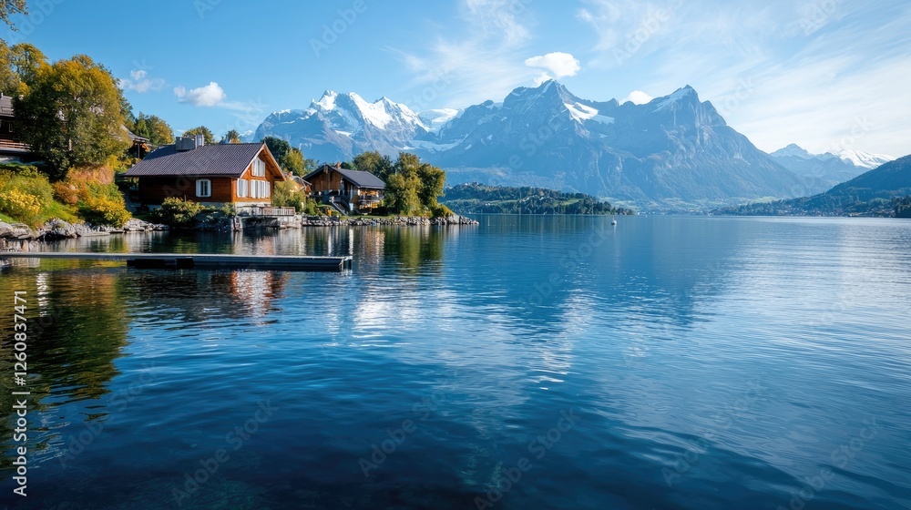 Lakeside cabins, mountains, reflection, tranquil scene, scenic view Lakeside cabins, mountains, reflection, tranquil scene, scenic view