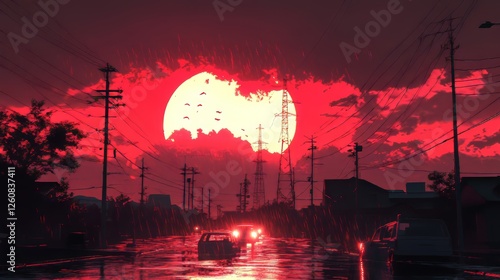 Dramatic sunset with silhouette of power lines and glistening wet streets.