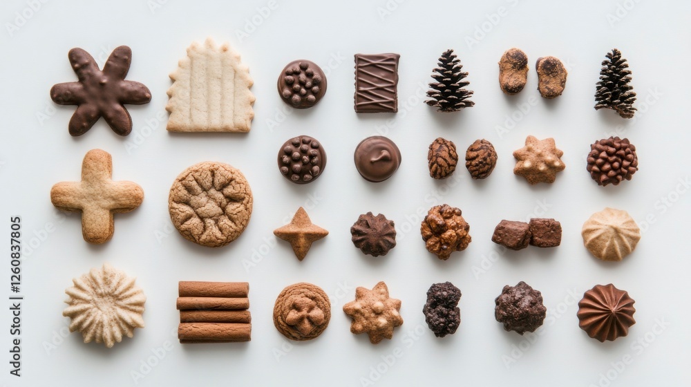 A variety of cookies such as gingerbread, chocolate chip, and shortbread, arranged in an elegant display on a pristine white surface. A variety of cookies such as gingerbread, chocolate chip, and shortbread, arranged in an elegant display on a pristine white surface.