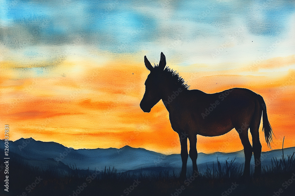 Naklejka premium Watercolor Donkey Silhouette at Sunset Mountain Landscape