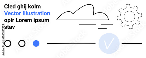 Cloud and gear line drawings, blue checkmark, three circles, and text placeholders. Ideal for technology, business, workflow, productivity efficiency systems presentations. Landing page