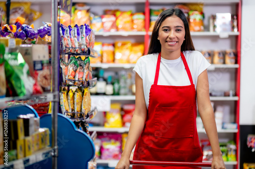 Latina woman, grocery store worker, performs different tasks inside the store. Beautiful portrait of a neighborhood mini supermarket manager.