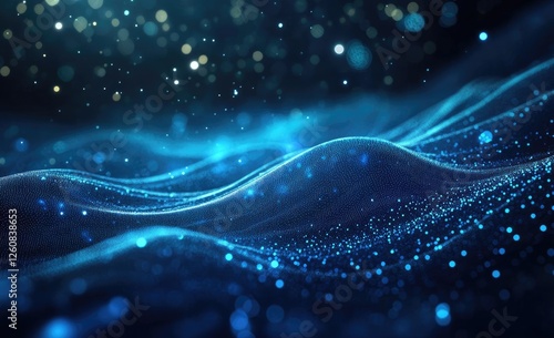 Abstract digital waves, glowing particles, dark background, technology concept