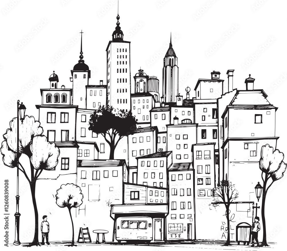 City landscape. Line urban backdrop. Different buildings on street, outline cityscape hand sketch, flat houses. Hand drawn vector illustration City landscape. Line urban backdrop. Different buildings on street, outline cityscape hand sketch, flat houses. Hand drawn vector illustration