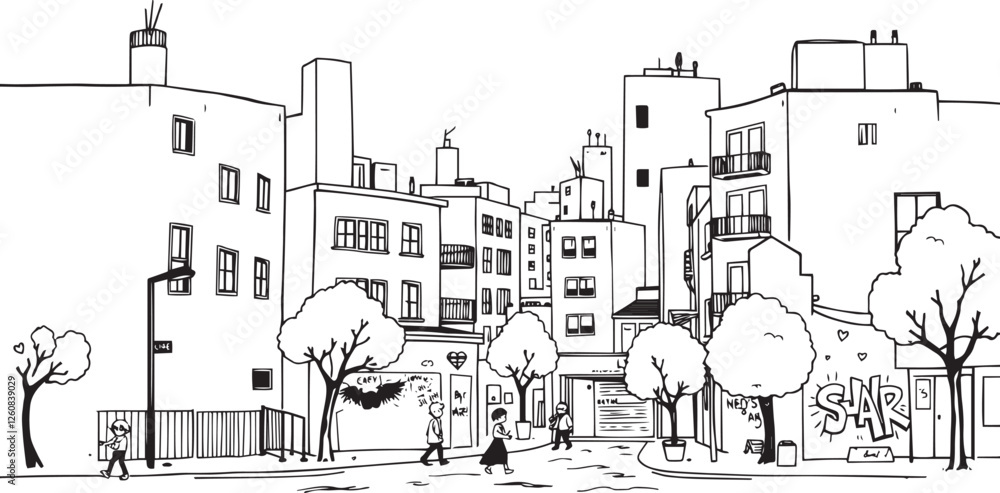 Obraz premium City landscape. Line urban backdrop. Different buildings on street, outline cityscape hand sketch, flat houses. Hand drawn vector illustration