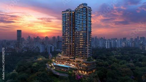 Luxury high-rise at sunset, city skyline, pool, green space; real estate marketing