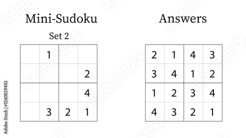 Mini Sudoku Puzzle 4x4 Set 2 for Kids Very Easy with Answers, Fun Brain Training Math Game for Kids, Vector