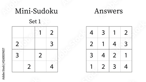 Mini Sudoku Puzzle 4x4 Set 1 for Kids Very Easy with Answers, Fun Brain Training Math Game for Kids, Vector