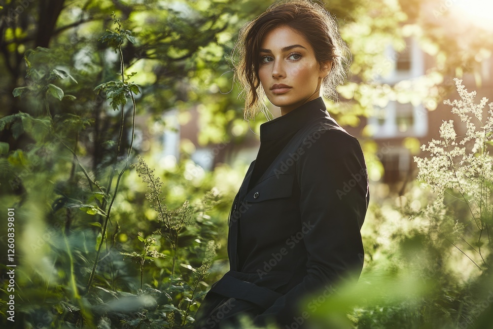 A woman in a black jacket stands amidst lush greenery, bathed in sunlight, her gaze directed away. A woman in a black jacket stands amidst lush greenery, bathed in sunlight, her gaze directed away.
