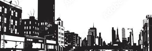 City landscape. Line urban backdrop. Different buildings on street, outline cityscape hand sketch, flat houses. Hand drawn vector illustration