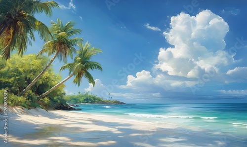 Tropical beach scene with palm trees, white sand, turquoise sea and fluffy clouds