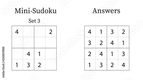 Mini Sudoku Puzzle 4x4 Set 3 for Kids Very Easy with Answers, Fun Brain Training Math Game for Kids, Vector