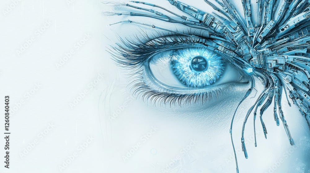 Fototapeta premium Mesmerizing floral gaze, a captivating closeup of woman's eye with blue flowers