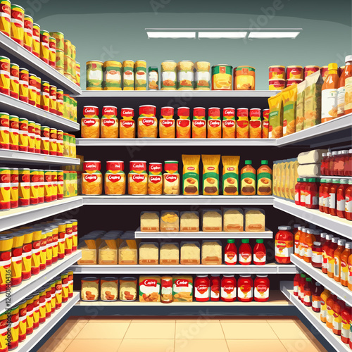 A well-stocked grocery store aisle with a variety of canned goods and packaged foods.