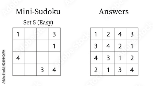 Mini Sudoku Puzzle 4x4 Set 5 for Kids Easy with Answers, Fun Brain Training Math Game for Kids, Vector