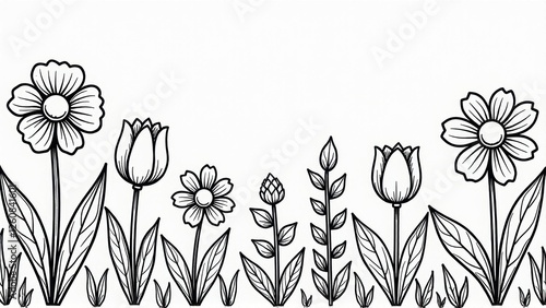 Black and White Line Art Flower Border Illustration.