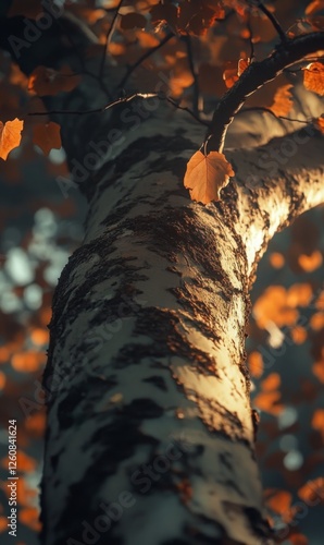 Captivating view of a birch tree trunk in golden light with autumnal foliage around