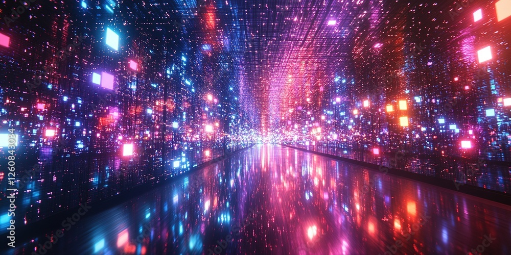 Fototapeta premium Vibrant digital light display illuminated through futuristic hallway at night