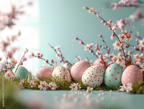 Uova di Pasqua immerse tra delicati fiori di ciliegio, che incarnano lo spirito di rinnovamento primaverile e celebrazione pasquale.