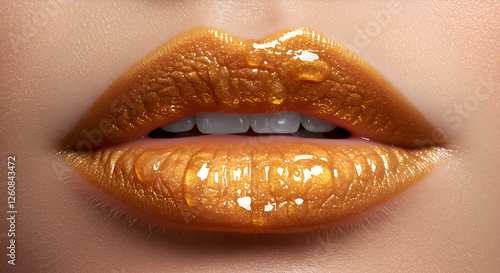 Hyperrealistic Lips with Glossy Golden Honey Texture