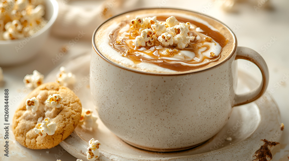 Unique latte topped with popcorn and caramel, paired with a popcorn cookie for a delightful treat. Unique latte topped with popcorn and caramel, paired with a popcorn cookie for a delightful treat.