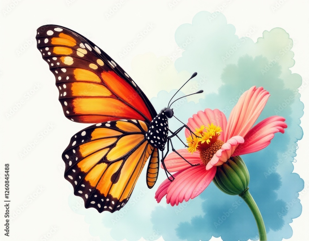 Fototapeta premium Monarch Butterfly on Pink Cosmos Flower - Watercolor Style Illustration