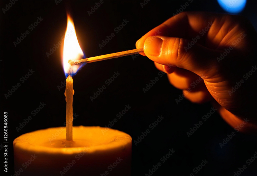 Φωτογραφία A medium close-up shot of a candle being lit with a match, the glow of the flame casting shadows against the dark background