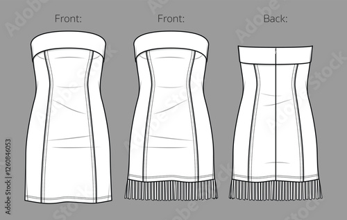 Vector woman sleeveless dress with fringe trim and blocks fashion CAD, straples  body con dress technical drawing, template, flat, sketch. Cowboy style slim fit dress with front, back view,white color