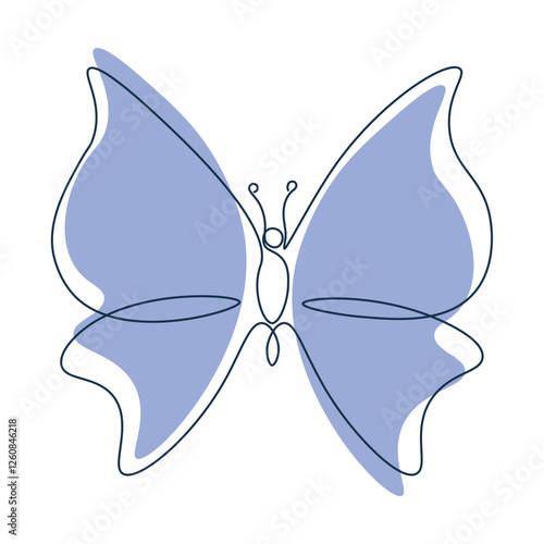 Butterfly single continuous line. Moth drawing with blue wings. Abstract icon. Silhouette insect in one line. Minimalistic vector doodle. Simple minimum illustration on white isolated background.