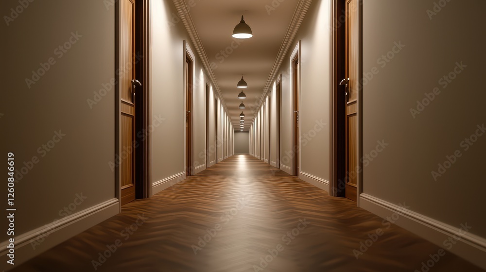Fear of the Dark Concept, Eerie Empty Hotel Hallway with Dim Lighting Creating a Silent and Haunting Atmosphere Fear of the Dark Concept, Eerie Empty Hotel Hallway with Dim Lighting Creating a Silent and Haunting Atmosphere