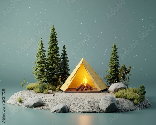 Cozy Camping Scene with Tent, Campfire, and Pine Trees on a Serene Island under Starry Night Sky photo