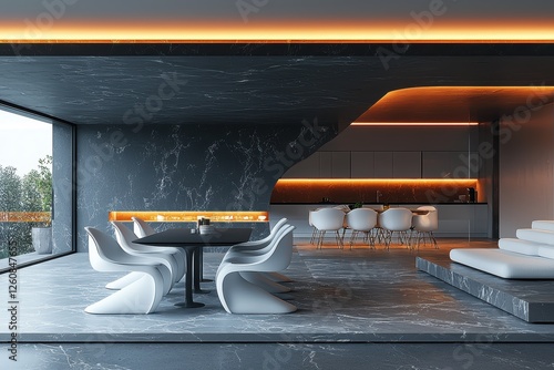 Sleek black dining space with high fidelity design modern home interior minimalist environment contemporary viewpoint