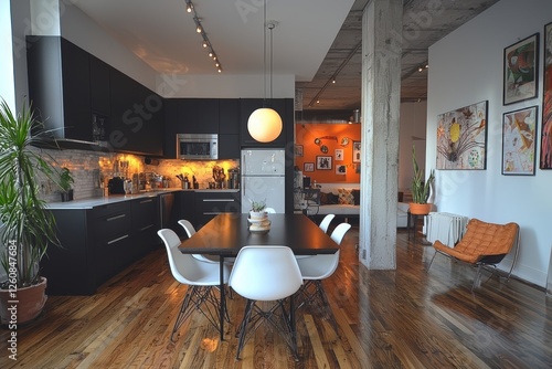 Sleek black dining space urban apartment interior design monochrome aesthetics contemporary viewpoint modern concept