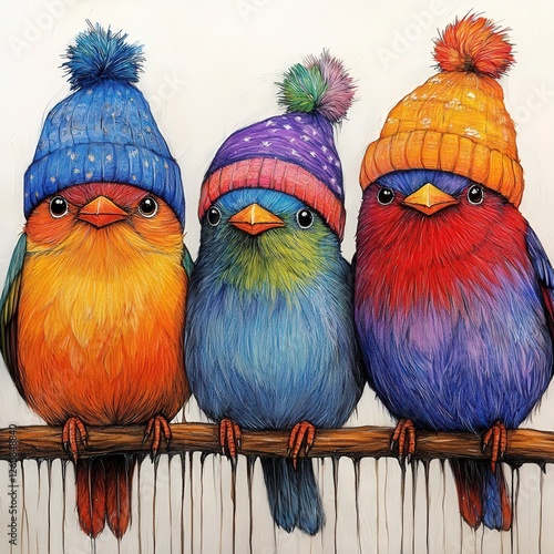 Three colorful birds wearing hats with pom-poms perched on a branch, showcasing vibrant hues and a playful vibe.