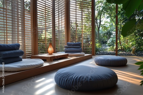 Relaxing meditation space with tatami mats serenity garden interior design tranquil environment natural light peaceful atmosphere